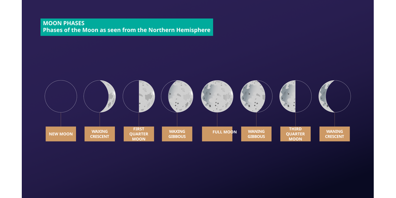The Moon begins as dark, an illuminated portion grows from the left. Then once fully illuminated a dark portion grows from the left