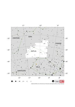 Antlia appare come una linea con un angolo al centro che punta verso l'alto