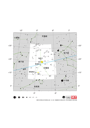 巨蟹座在天空中呈现为倒Y字形。黄道从东南偏东（ESE）方向延伸至西北偏西（WNW）方向，几乎正好穿过倒Y字形中央的交叉点。