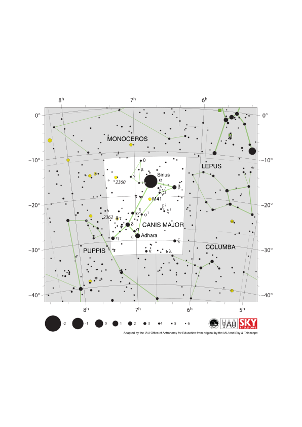 Canis Major is shaped like a stick figure drawing of a dog tilted up by 45 degrees. Sirius lies at the dog’s shoulder