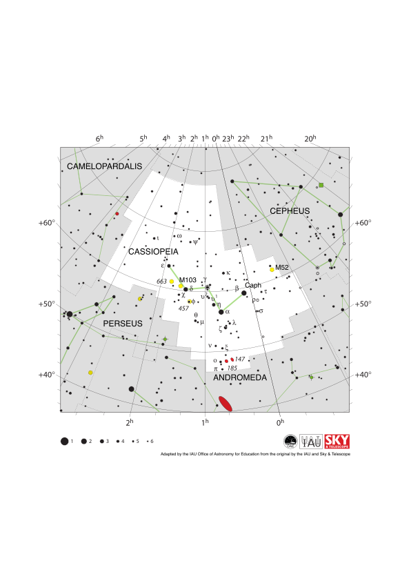 Cassiopeia appears as a double-u shape tilted up at the left end by about 45 degrees