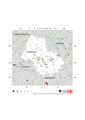 Cassiopeia appears as a double-u shape tilted up at the left end by about 45 degrees