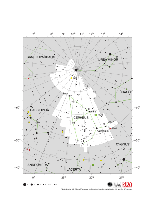 Cepheus appears as a head wearing a pointy hat tilted anticlockwise by 45 degrees