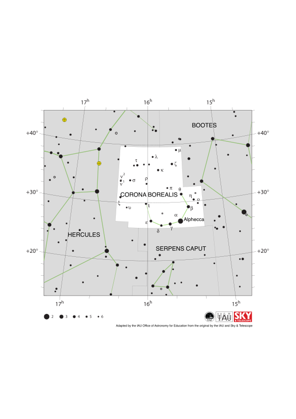 Corona Borealis appears as a u-shape tilted slightly to the left