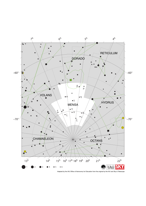 No lines are drawn connecting the stars here to mark the shape of Mensa. The LMC lies on the northern boundary of Mensa
