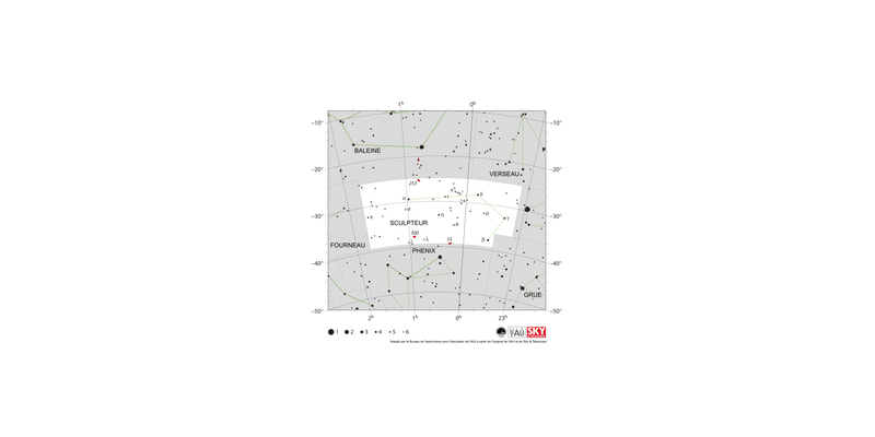 Les étoiles du Sculpteur forment un crochet dont la courbe est orientée vers l'ouest.