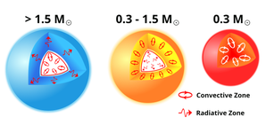 Three stars with different onion-like layers for convection and radiation.