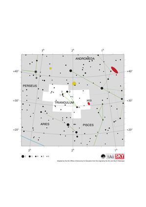 The bright stars in Triangulum form an isosceles triangle pointing south west