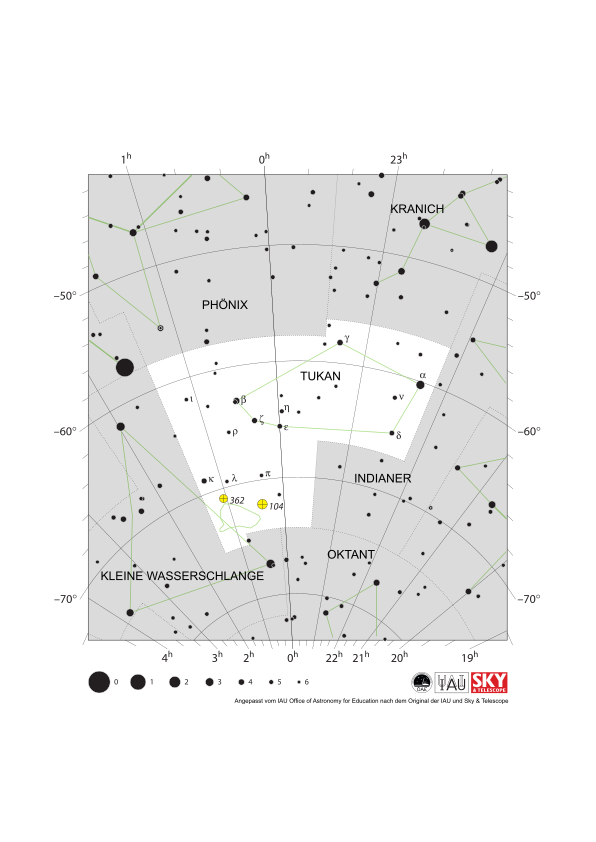 Die Sterne im Tukan bilden eine ovale Form. Die Kleine Magellansche Wolke liegt im Südosten des Sternbildes