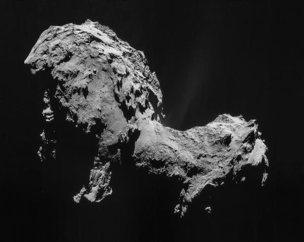 Il nucleo di questa cometa ha l'aspetto di due grossi grumi irregolari uniti tra loro. Un piccolo getto vola via dal nucleo.
