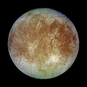 Europa è tonda con grandi macchie marroni o bianco, ricoperte da numerose striature, orientate casualmente sulla superficie.