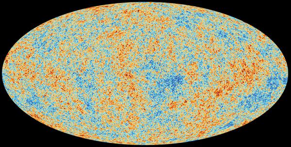 Questa mappa della radiazione cosmica di fondo è un ovale con molte macchie di colori diversi e una granulazione più fine.