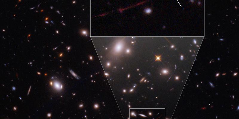 On the outskirts of a cluster of galaxies is an arc of light. On this arc is a dot, an image of one of the first stars