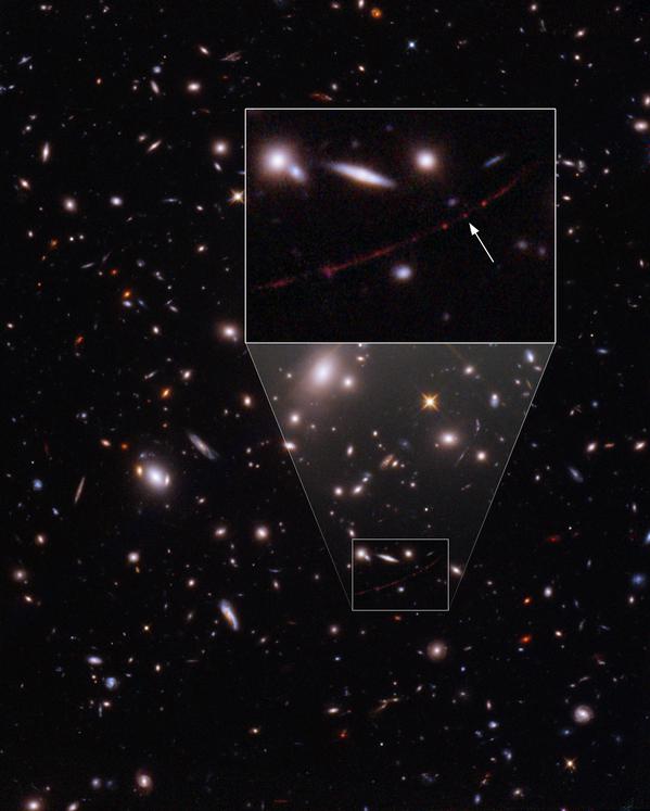 On the outskirts of a cluster of galaxies is an arc of light. On this arc is a dot, an image of one of the first stars