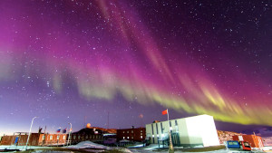 A Y-shaped band of light with light and dark patches, in the colours green and pink glows in the sky over some buildings