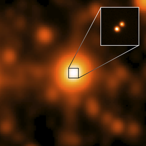 Low-resolution view of a single object with a highlighted area showing a higher-resolution  image revealing two brown dwarfs.