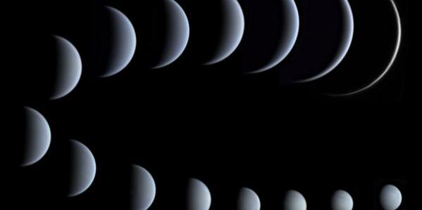 Venus changes from being small and almost full to being large with only a thin crescent illuminated.