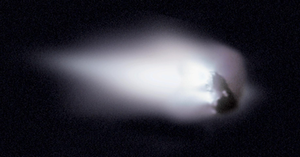 The irregular, icy nucleus of Halley’s Comet surrounded by a fuzzy coma, taken by the Giotto spacecraft during its 1986 flyby