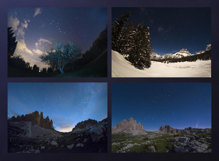 The Big Dipper, seven bright stars shaped like a ladle, viewed in 4 seasons, each time at a different angle