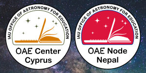 The logos of the OAE Center Cyprus and OAE Node Nepal infront of an image of stars and dust clouds