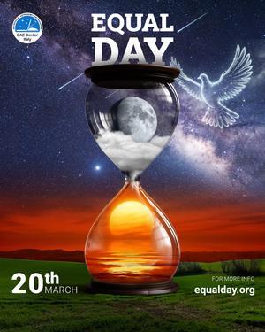 A poster with an hourglass with the moon and sun in it and a dove. The text reads 'equal day'