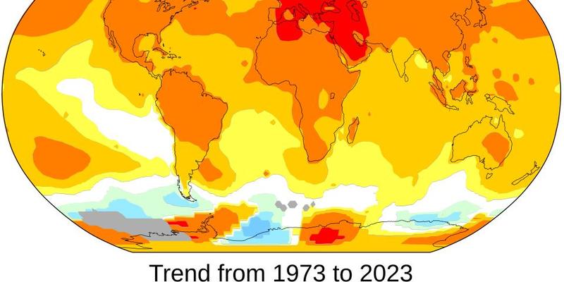 A map showing increasing temperatures across almost the whole world with the most warming in the Arctic