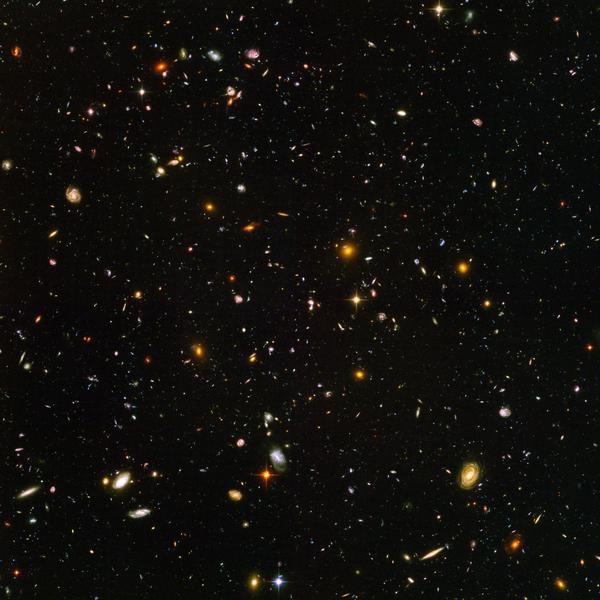 The Hubble Ultra Deep Field showing around 10,000 galaxies of various ages, sizes, shapes and colours.