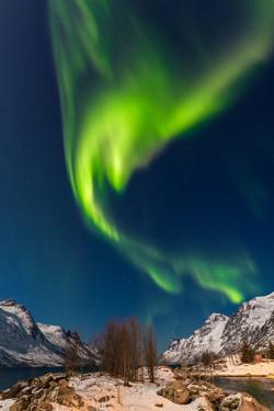 A green, curved, y-shaped band of light over a mountainous horizon