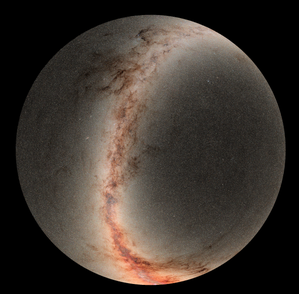 Circular optical all-sky survey centered on the north celestial pole with bright Milky Way band and dark dust lanes.