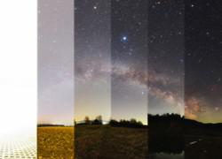 Serie di sei foto a strisce verticali. Il cielo stellato a destra viene gradualmente indebolito spostandosi verso sinistra.