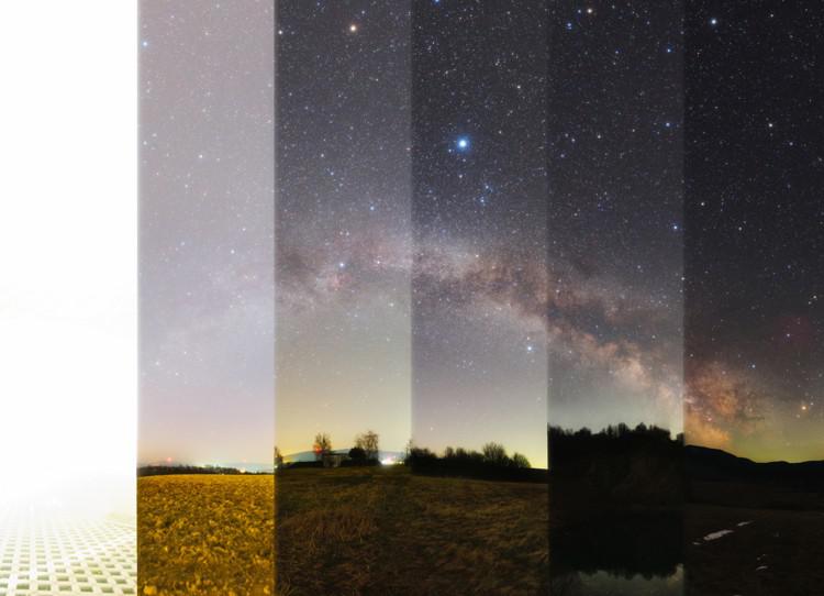 A composite of six images as vertical stripes. The starry sky on the right-most image is gradually drowned out moving left