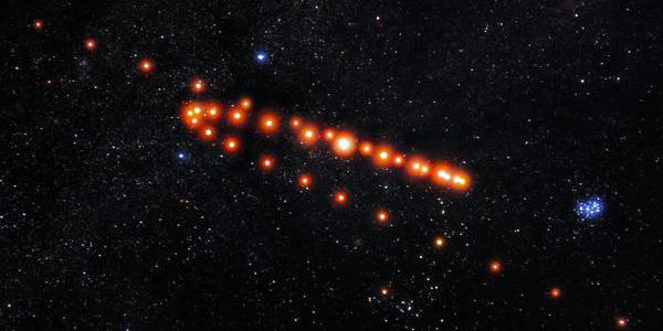 A montage of images of Mars, seen here as a series of red dots in a squashed z-shaped pattern.