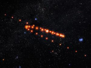 A montage of images of Mars, seen here as a series of red dots in a squashed z-shaped pattern.