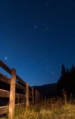 Das Sternbild Orion als sanduhrförmige Sternansammlung im unteren Teil des Bildes, oberhalb befindet sich der V-förmige Stier