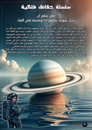 A female astronaut points at the planet Saturn which appears to float on a vast ocean, with annotations in Arabic