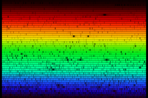 50 horizontal coloured stripes starting out blue at the bottom and ending red at the top. Dark lines interrupt the stripes