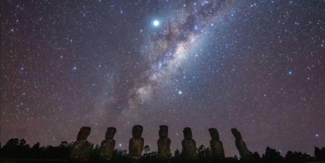 The Milky Way rises over seven silently vigilant stone statues