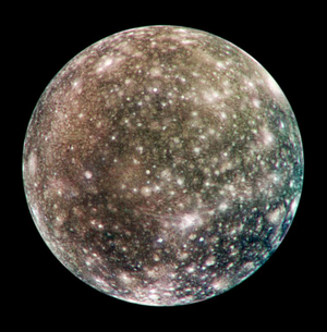 Photograph of Callisto showing its dark surface heavily cratered with white pock marks.