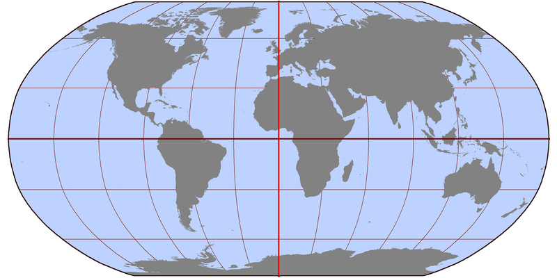 A map with the red prime meridian line running through London & crossing the darker horizontal equator in the Gulf of Guinea.