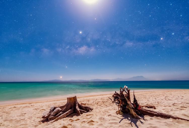 The bright Moon illuminates a beach. Three bright planets form a line below and to the right of the Moon.
