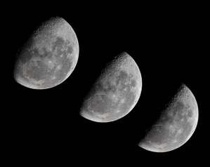3 images of the moon. The dark area on the left of each lunar image grows from a crescent to cover half the moon