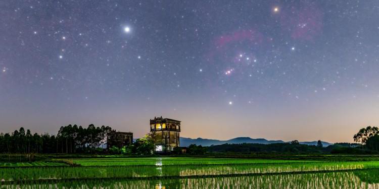 Over a watery field, Orion is shaped like a bow-tie turned 45 degrees. The bright star Sirius is in the image's left half