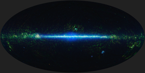 Infrared all-sky survey map with bright Milky Way band and scattered sources across the sky.